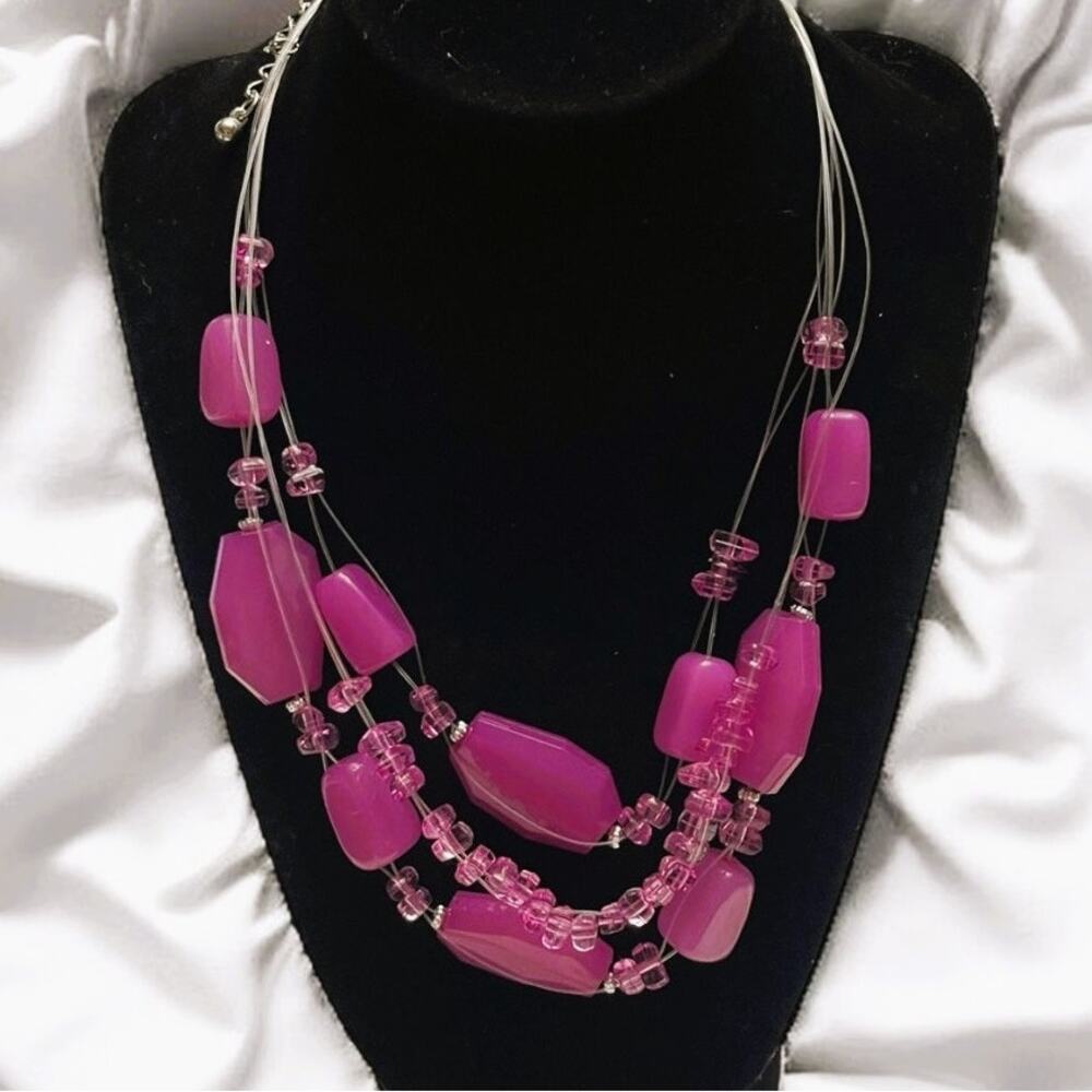 Vintage Multi-Strand Pink Acrylic & Lucite Geometric Beads, Floating Fine Wires